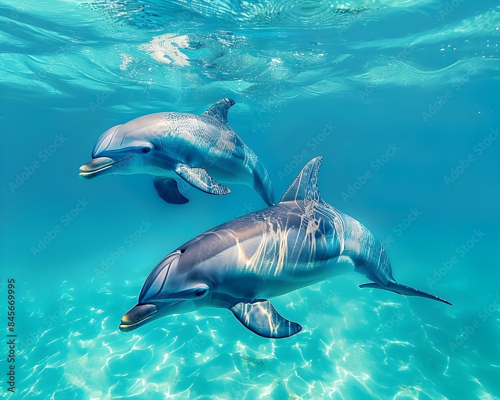 Fototapeta premium Pair of Graceful Dolphins Gliding Through Tranquil Blue Waters