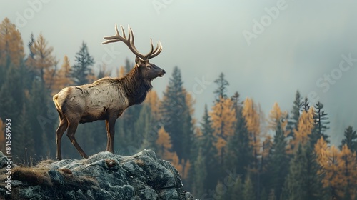 Majestic Elk Overlooking Vibrant Autumn Forest from Ridge