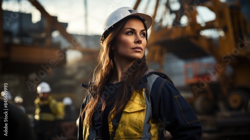 Confident Female Construction Engineer Directing Heavy Machinery at Building Site with Cranes in Action