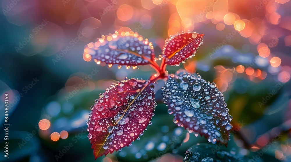 Dew-Covered Green Leaves Glowing In Morning Sunlight Dew-Covered Green Leaves Glowing In Morning Sunlight
