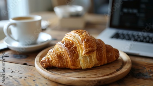 Freshly Baked Croissant on a Wooden Table With a Laptop and Coffee Cup