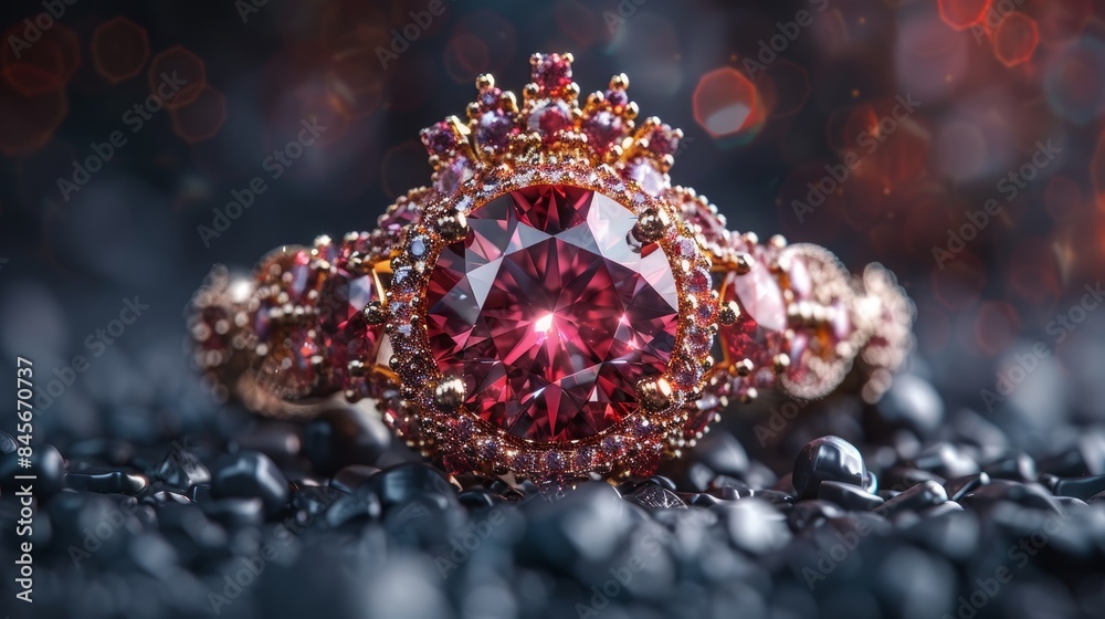 Realistic beautiful red diamond with golden princess crown on top. Realistic beautiful red diamond with golden princess crown on top.