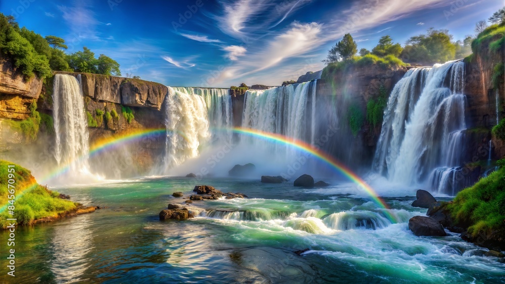 Obraz premium waterfall cascading down rugged cliffs into a crystal-clear pool below, with mist rising in the air and rainbows forming in the spray.