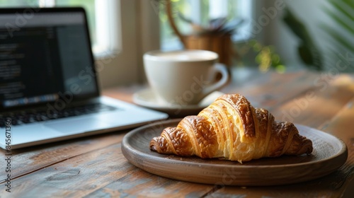 Freshly Baked Croissant on a Wooden Table With a Laptop and Coffee Cup