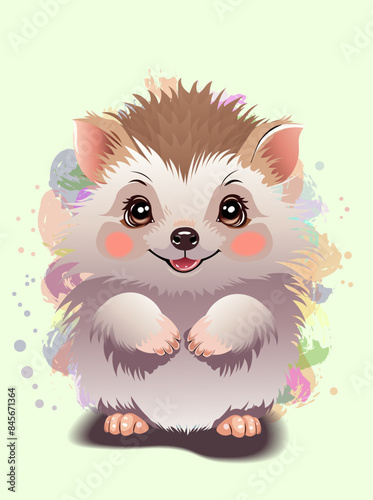 Cute hedgehog with colorful blots on a light green background