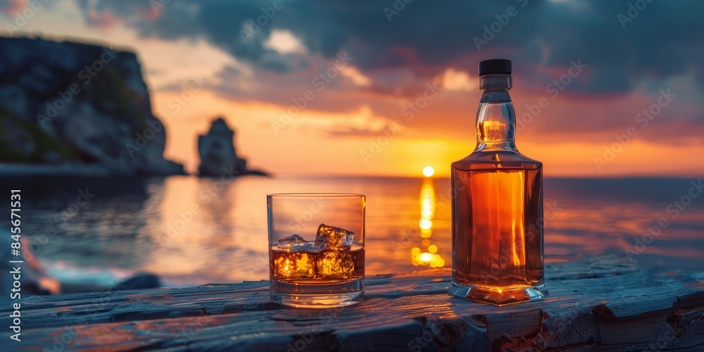 A picturesque scene of a whiskey bottle and glass with ice on a wooden table at sunset by the sea, capturing a moment of relaxation and luxury with a stunning ocean view. A picturesque scene of a whiskey bottle and glass with ice on a wooden table at sunset by the sea, capturing a moment of relaxation and luxury with a stunning ocean view.