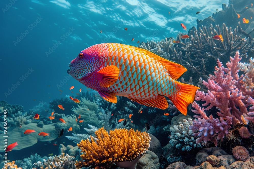 A Vibrant Parrotfish Swimming Through Coral Reef A Vibrant Parrotfish Swimming Through Coral Reef