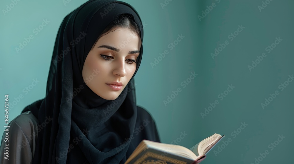 A woman in a hijab reads a holy book inside a mosque, reflecting deep spirituality and devotion in a serene environment. A woman in a hijab reads a holy book inside a mosque, reflecting deep spirituality and devotion in a serene environment.