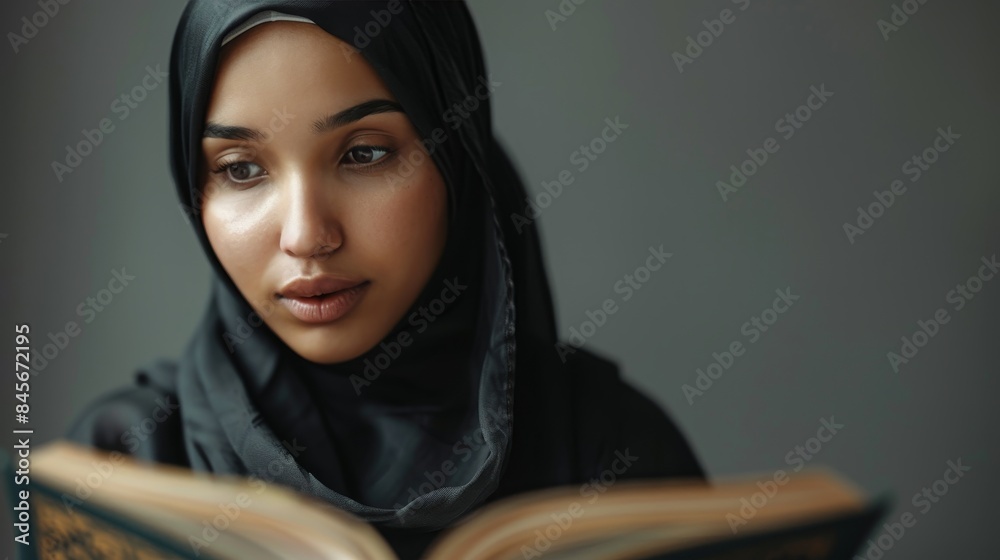 A woman in a hijab intently studies a holy book, embodying deep spirituality and devotion in a peaceful setting. A woman in a hijab intently studies a holy book, embodying deep spirituality and devotion in a peaceful setting.