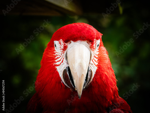 Colorful exotic parrot closeup of the red macaw. A scarlet macaw, resplendent in brilliant hues of red, blue, and yellow, perched against a lush tropical backdrop.