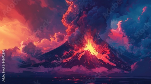 Powerful volcanic eruption accompanied by hot lava and thick smoke