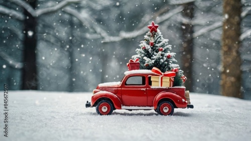 Toy car carrying Christmas tree and gifts in snowy winter park. Christmas decorations 