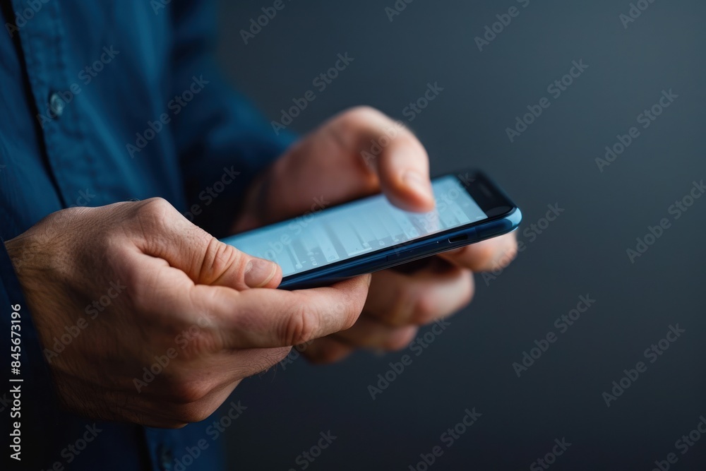 Person holding smartphone with both hands. Close-up shot of hands using a blue smartphone in a dark background. Technology and communication concept for design and print. Person holding smartphone with both hands. Close-up shot of hands using a blue smartphone in a dark background. Technology and communication concept for design and print.