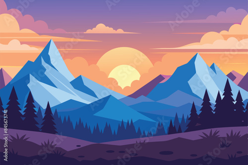 Frosty morning panoramic landscape  amazing sunrise over beautiful mountains  forest with stunning sky vector illustration