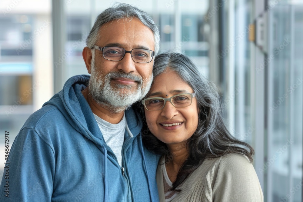 Portrait of a satisfied indian couple in their 50s sporting a comfortable hoodie in front of sophisticated corporate office background Portrait of a satisfied indian couple in their 50s sporting a comfortable hoodie in front of sophisticated corporate office background