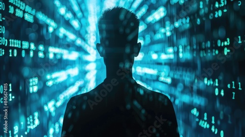 Wallpaper Mural A hacker silhouette against a backdrop of glowing digital circuits and binary code, with a menacing expression and a sense of stealth and intrigue, capturing the essence of cyber espionage and data Torontodigital.ca