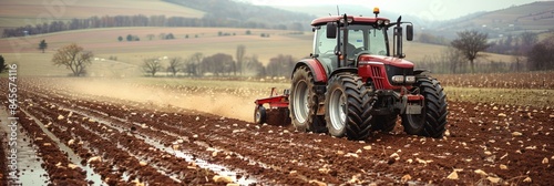 A red tractor tills a rocky field with furrows in a rural landscape photo