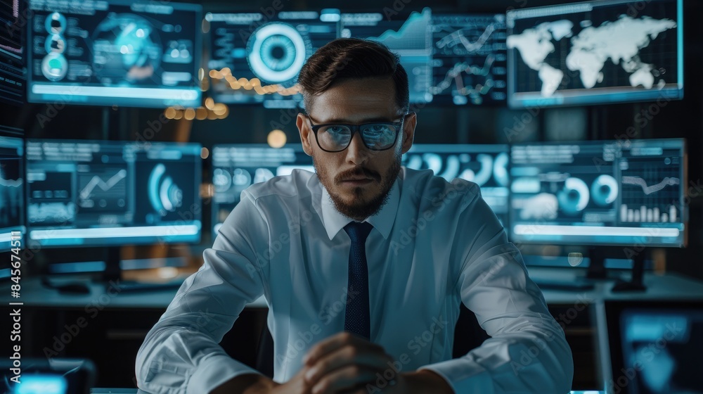 A cybersecurity expert in a sleek, modern office setting, analyzing digital data on multiple screens with a focused expression, surrounded by high-tech gadgets and security tools, showcasing the A cybersecurity expert in a sleek, modern office setting, analyzing digital data on multiple screens with a focused expression, surrounded by high-tech gadgets and security tools, showcasing the