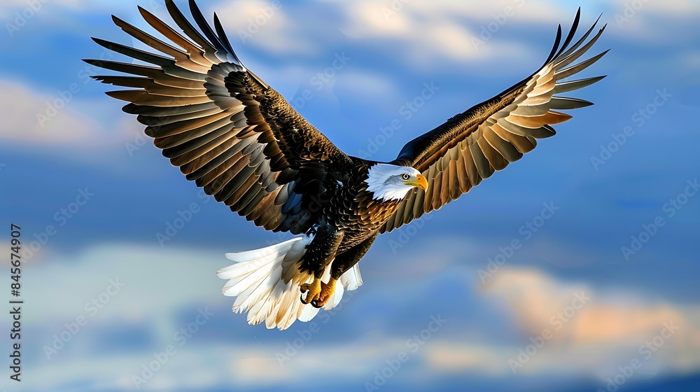 Obraz premium A bald eagle soaring in a blue sky