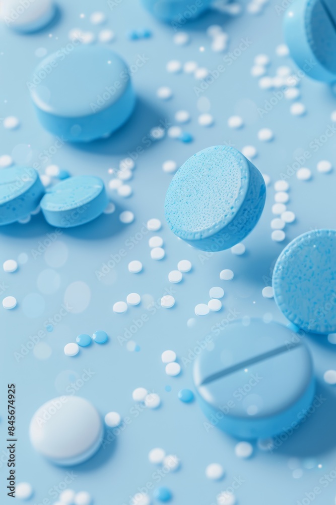 Scattered pills on soft pastel background with copy space and bokeh effect for versatile usage Scattered pills on soft pastel background with copy space and bokeh effect for versatile usage
