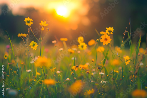 Abstract Soft Focus Sunset Field Landscape of Yellow Flowers and Grass Meadow © Evan