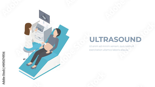 Ultrasound isometric illustration. Medical concept with doctor and patient ultrasound examination.