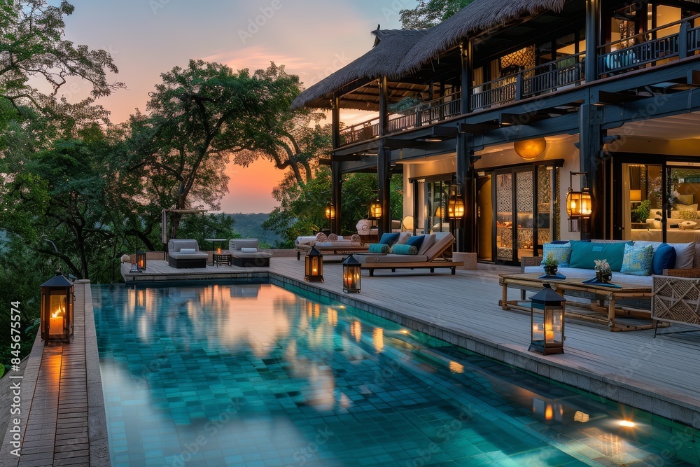 Obraz premium Tranquil Evening View of a Private Pool Overlooking the Ocean