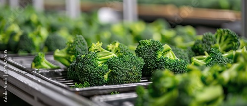 Fresh Broccoli Moving on Conveyor Belt in Factory Processing Line
