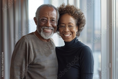 Portrait of a happy afro-american couple in their 70s sporting a long-sleeved thermal undershirt on sophisticated corporate office background