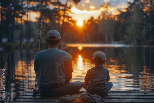 Father and Son Sitting on Dock at Sunset by Water