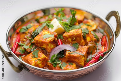 Restaurant-style paneer tika masala in a balti dish on a white background, traditional Indian food, capsicum, onion, butter, carrot, chilies, parsley, paneer kadai 