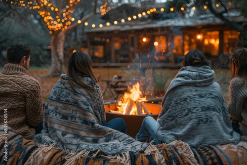 Friends Gather Around a Cozy Fire Pit on a Cold Winter Evening