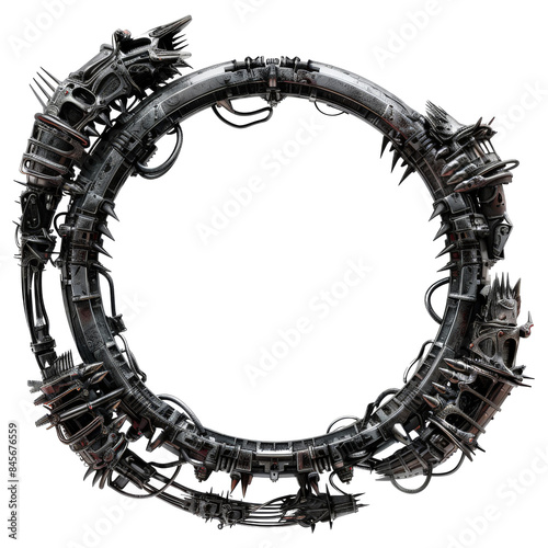 Fantastic horror metal frame border with mecha parts on transparent background