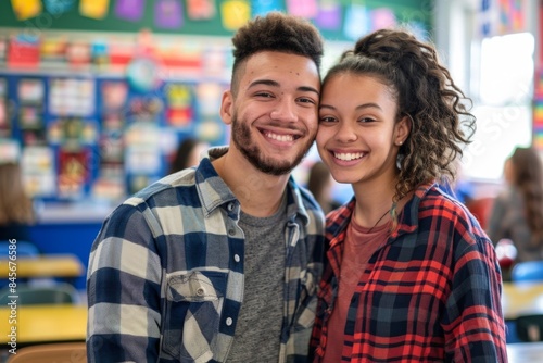 Portrait of a happy multiethnic couple in their 20s wearing a comfy flannel shirt over lively classroom background © Markus Schröder