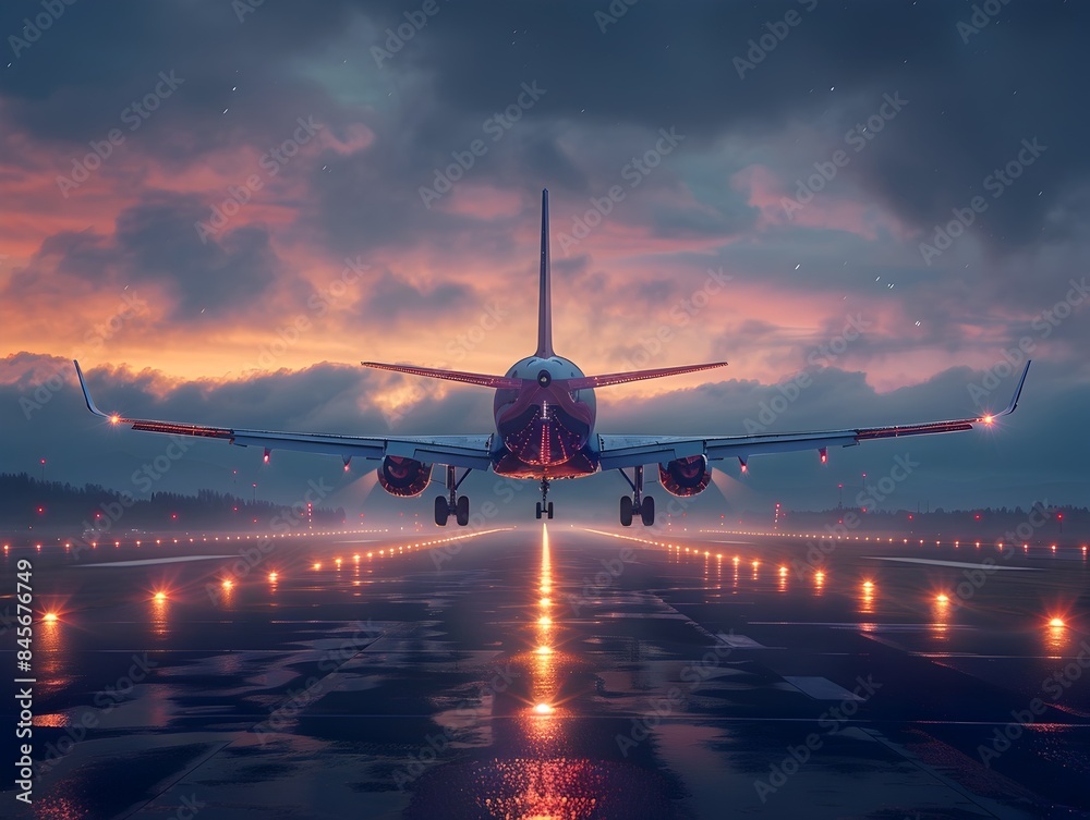 Dramatic Airplane Takeoff at Dusk with Runway Lights Guiding the Way Dramatic Airplane Takeoff at Dusk with Runway Lights Guiding the Way