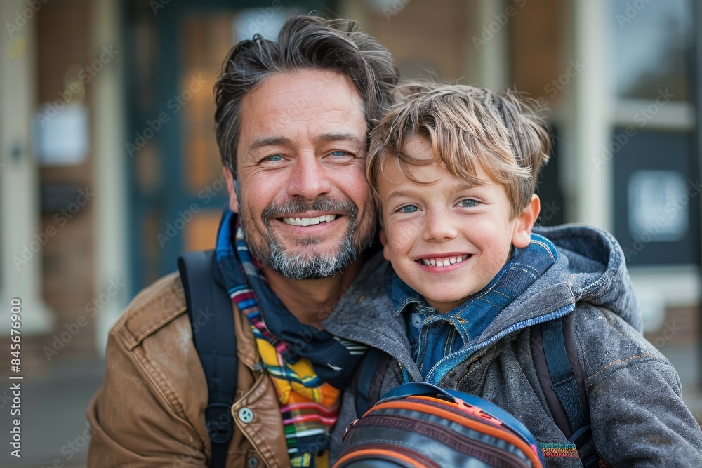 Smiling Father and Son Outside School Building on a Sunny Day Smiling Father and Son Outside School Building on a Sunny Day