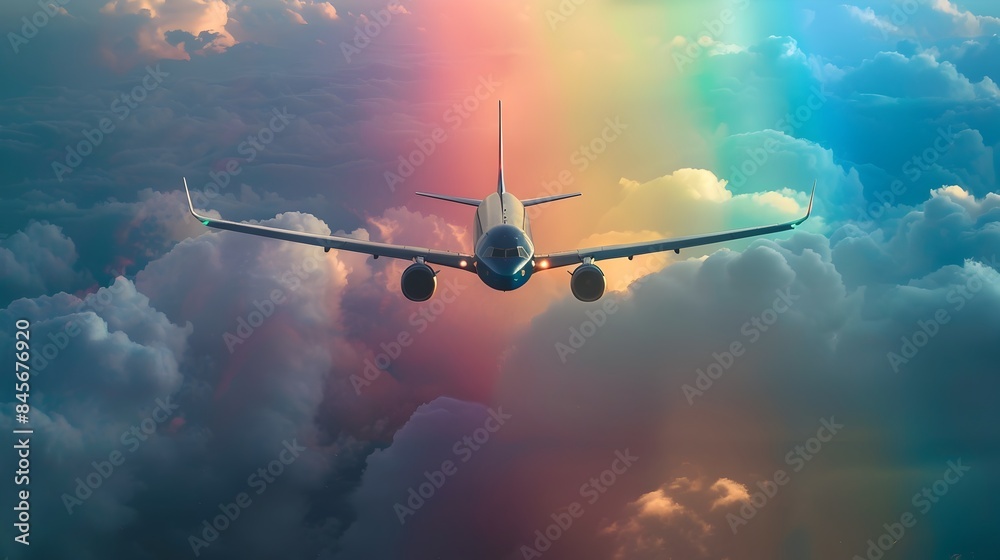 Naklejka premium Airplane Soaring Through Vibrant Rainbow Colored Sky with Ethereal Clouds
