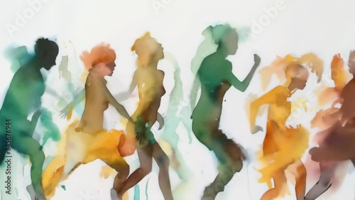 Abstract watercolor art featuring a lively scene of diverse individuals running in different directions. The artwork showcases vivid colors like green, orange, and yellow photo