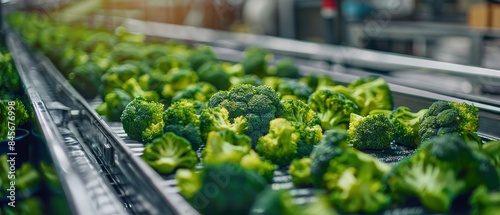 Fresh Broccoli Moving on Conveyor Belt in Factory Processing Line