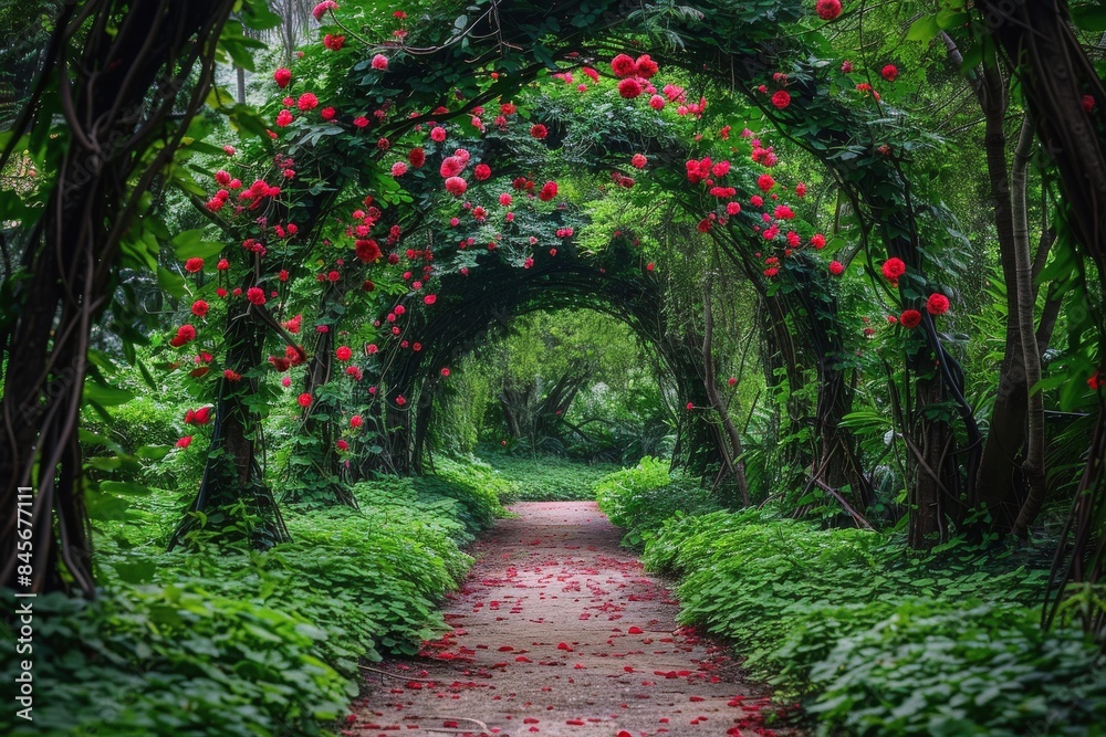 A Foggy Morning Walk Through A Rose-Covered Archway in a Lush Garden