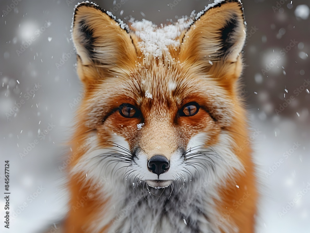 Captivating Close up of a Fox with Bright Eyes Against a Snowy Background