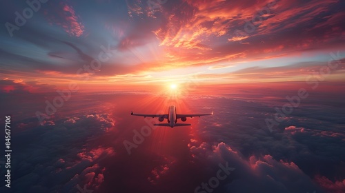 Airplane Soaring Into Vibrant Sunrise Landscape Over Dramatic Skies