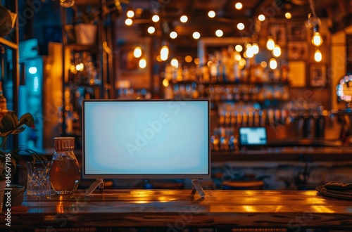 Blank Screen Television on Bar Counter in Evening Setting