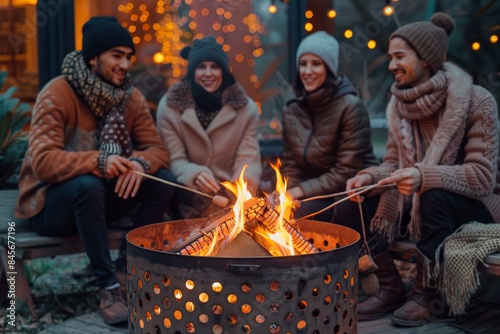 Friends Gather Around a Cozy Fire Pit on a Cold Winter Evening