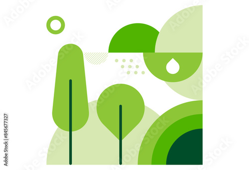 Green bauhaus illustration. abstract representation of trees, nature, clouds and lands. Sustainability Environment Green. Vector templates