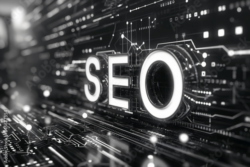 A 3D rendered image of the letters SEO, rendered on a futuristic digital circuit board background, showcasing the importance of search engine optimization in todays digital world photo