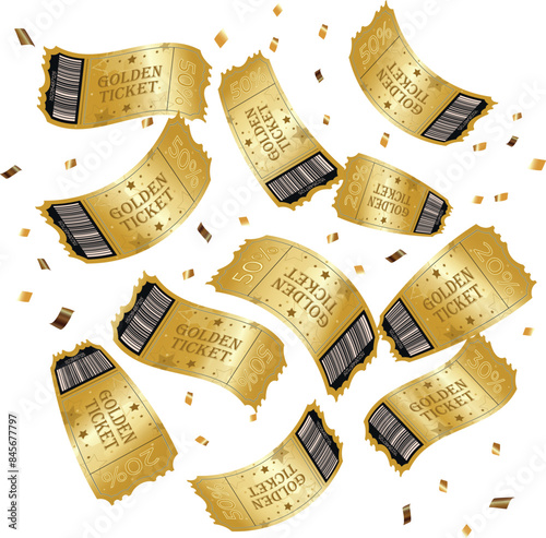 Falling gold coupons, 20%, 30%, 50% discount tickets. Vouchers concept. Premium vector