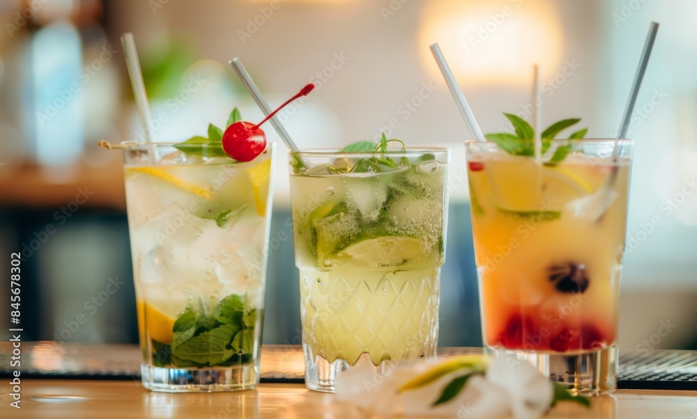 Fototapeta premium Assortment of Tropical Cocktails with Garnishes on Bar Counter