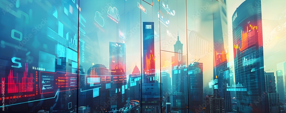 Futuristic City Skyline with Billboards Showcasing Company s Business Progress and Targets