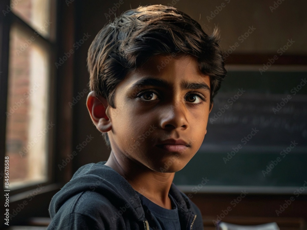 Obraz premium Generative AI. Portrait of young Latin schoolkid in classroom. Latin America education concept. Back to school in South America.